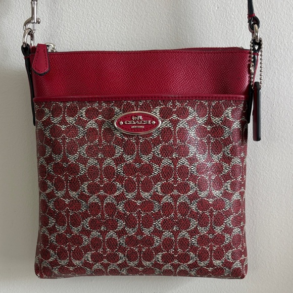Coach Handbags - Coach Signature Red Crossbody Bag Leather Trim